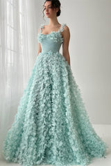 Romantic Straps Sleeveless A-Line Prom Dresses Long Pearl With Flower-Ballbella