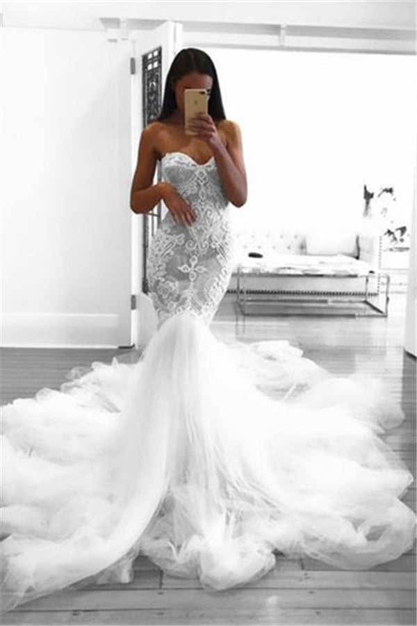 Romantic Sweetheart Lace White Sheer Wedding Dress Mermaid Bridal Gown-Ballbella