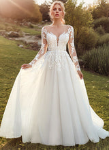 Romantic Tulle Long Sleeves Ball-Gown Lace Wedding Dresses-Ballbella