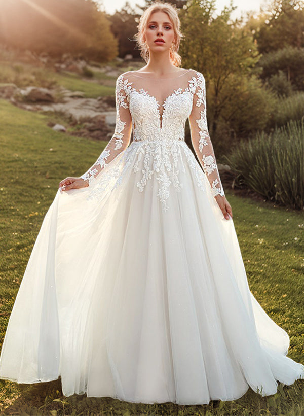 Romantic Tulle Long Sleeves Ball-Gown Lace Wedding Dresses-Ballbella