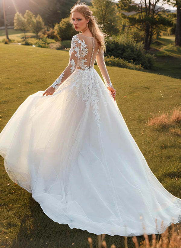 Romantic Tulle Long Sleeves Ball-Gown Lace Wedding Dresses-Ballbella