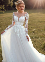 Romantic Tulle Long Sleeves Ball-Gown Lace Wedding Dresses-Ballbella