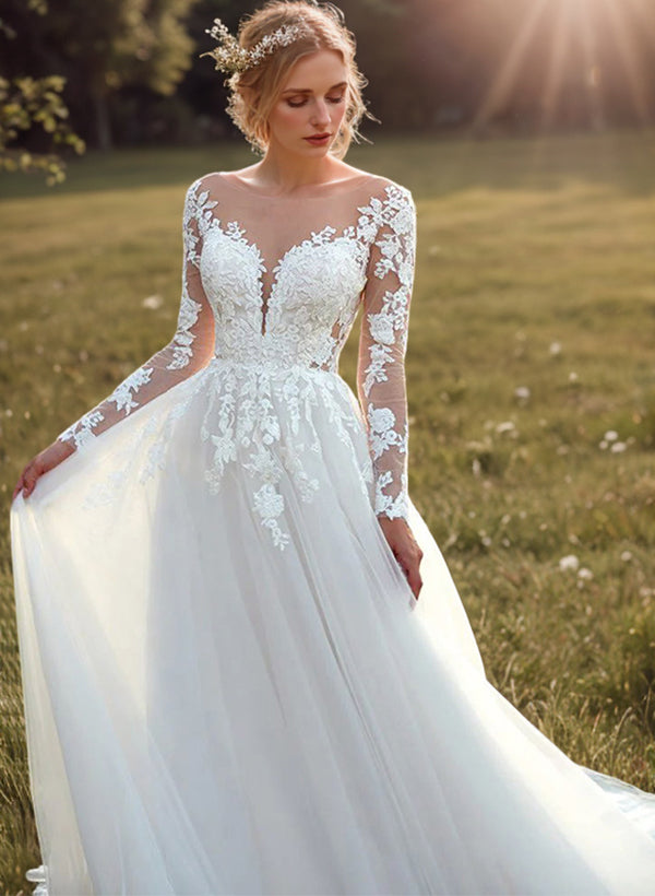 Romantic Tulle Long Sleeves Ball-Gown Lace Wedding Dresses-Ballbella