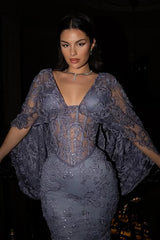 Romantic V-Neck Long Sleeves Lace Prom Dresses Mermaid Column With Lace-Up Back-Ballbella