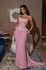 Romantic Vintage Mauve Off-The-Shoulder Chiffon Lace Prom Dresses Two Pieces With Gem-Ballbella