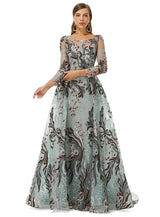 Round A-line Floor-length Long Sleeve Beading Appliques Lace Prom Dress-Ballbella