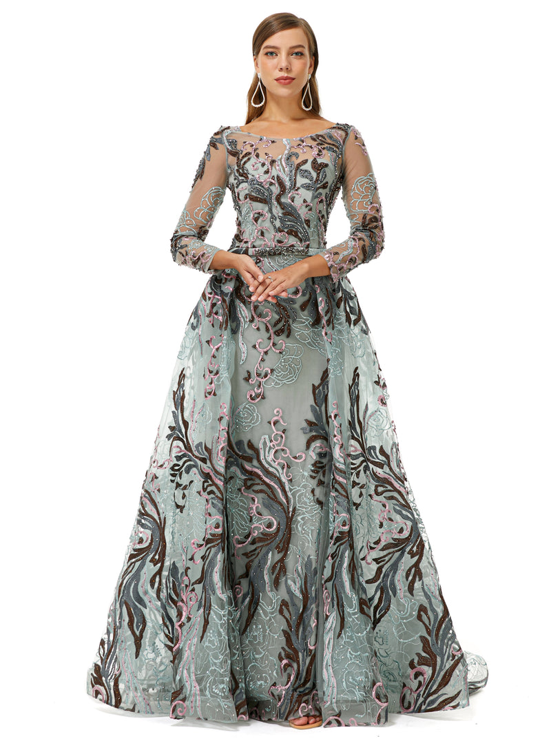 Round A-line Floor-length Long Sleeve Beading Appliques Lace Prom Dress-Ballbella