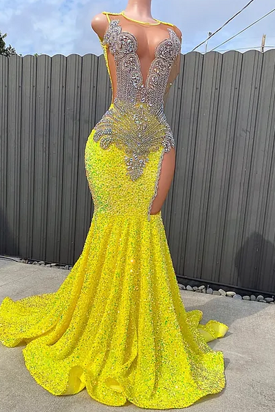 Round neck Silver Beaded Mermaid Yellow Sequin Prom Dresses Round neck Silver Beaded Mermaid Yellow Sequin Prom Dresses