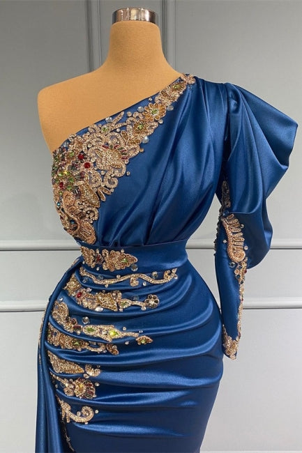 Royal Blue Asymmetric One Shoulder Stretch Satin Evening Prom Dresses with Appliques-Ballbella