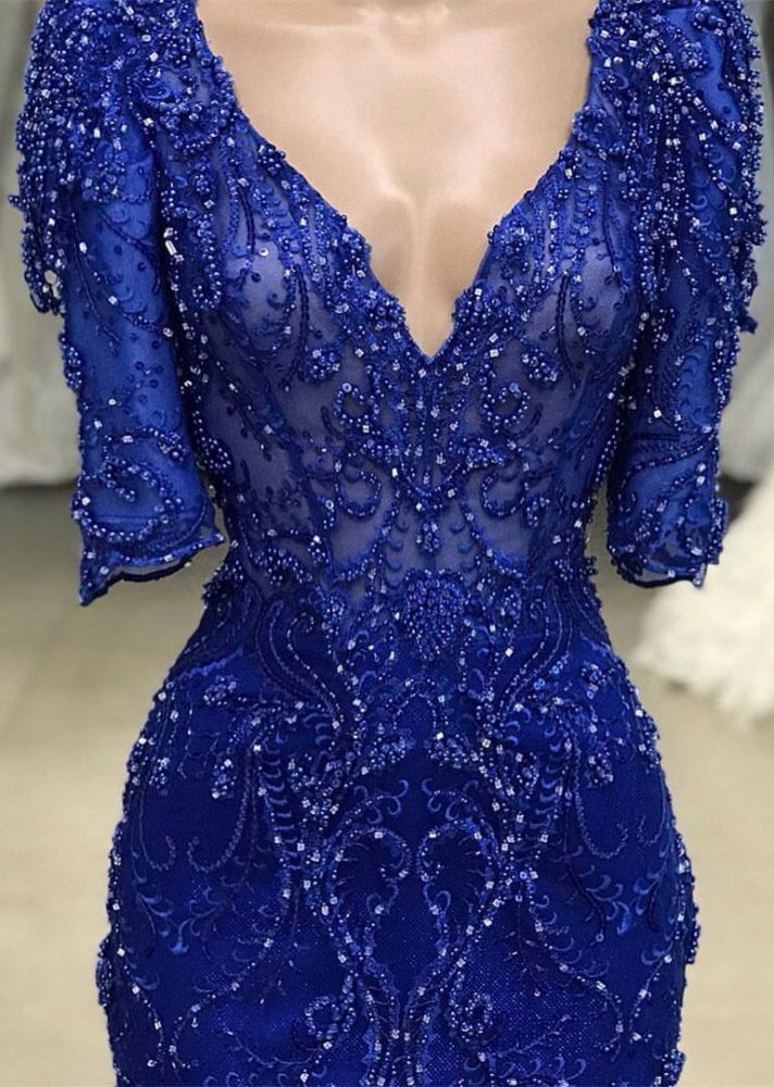 Ballbella offers Royal blue Beaded Lace appliques 1/2 sleeve Mermaid Prom Party Gowns at a cheap price from Lace to Column Floor-length hem. Gorgeous yet affordable Half-Sleeves Evening Dresses.