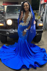 Royal Blue Deep V-neck Mermaid Court Train Long Prom Dresses-Ballbella