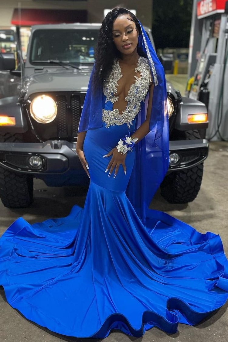 Royal Blue Deep V-neck Mermaid Court Train Long Prom Dresses-Ballbella