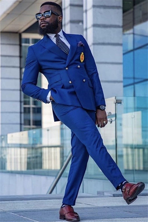 Royal Blue Double Breasted Peaked Lapel Formal Mens Suit-Ballbella