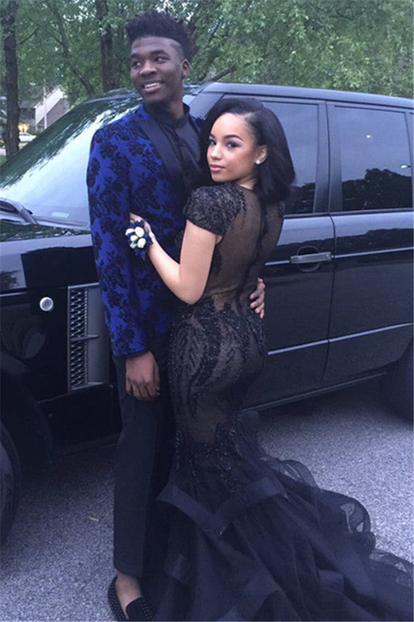 Royal Blue Flower Printed Two Piece Prom Party Suits for Men-Ballbella