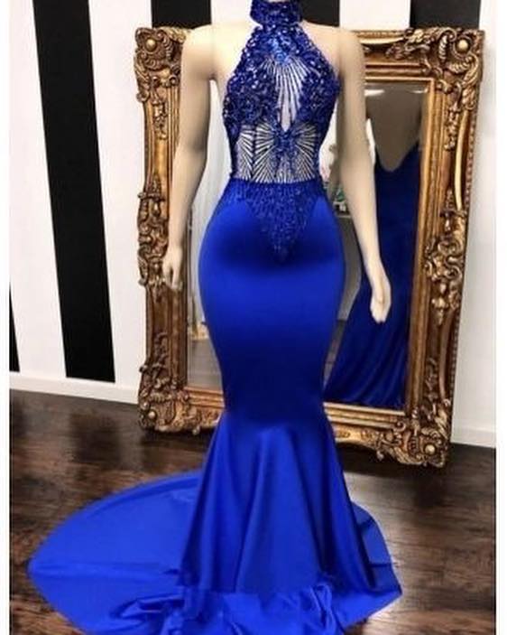 Ballbella offers Royal Blue Halter Sleeveless Lace Beading Mermaid Long Prom Dresses at a cheap price from Lace to Mermaid hem. Gorgeous yet affordable Sleeveless Real Model Series.