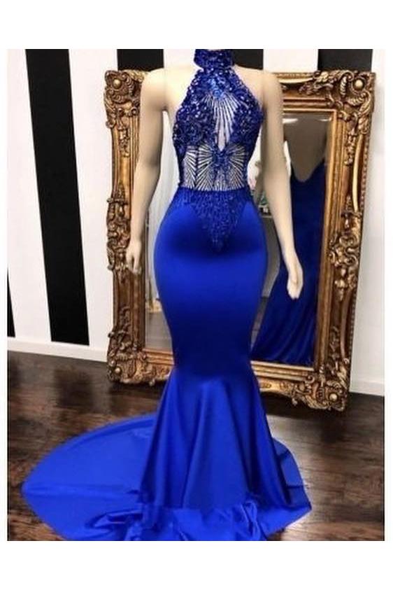 Royal Blue Halter Sleeveless Lace Beading Mermaid Long Prom Dresses-Ballbella