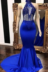 Royal Blue Halter Sleeveless Lace Beading Mermaid Long Prom Dresses-Ballbella