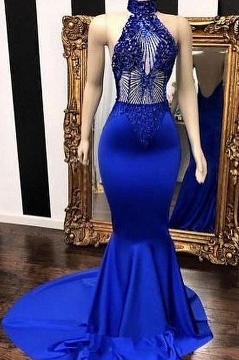 Royal Blue Halter Sleeveless Lace Beading Mermaid Long Prom Dresses-Ballbella
