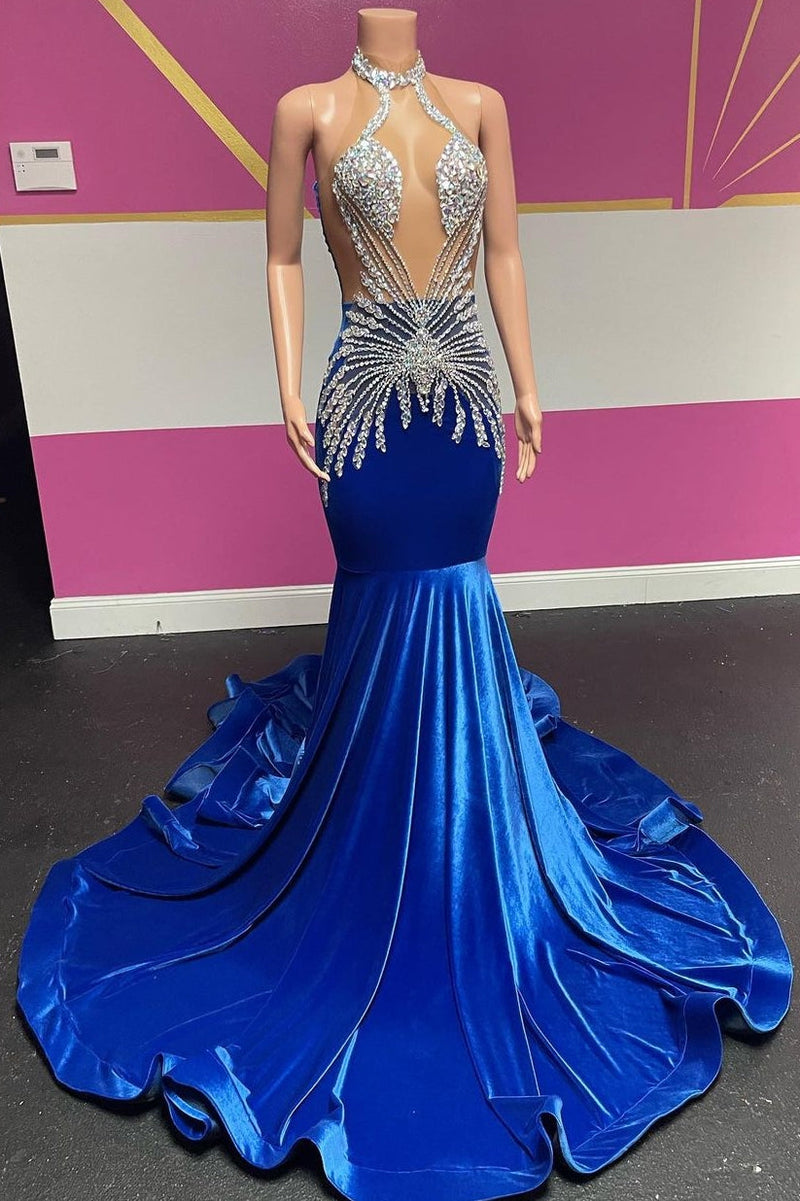 Royal Blue Halter Velvet Mermaid Silver Beaded Prom Dresses-Ballbella