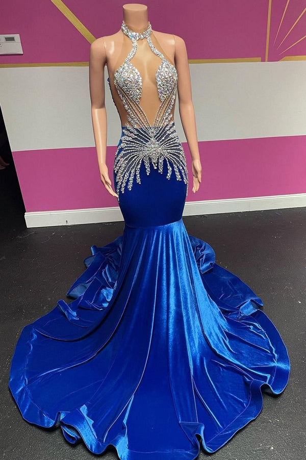 Royal Blue Halter Velvet Mermaid Silver Beaded Prom Dresses-Ballbella