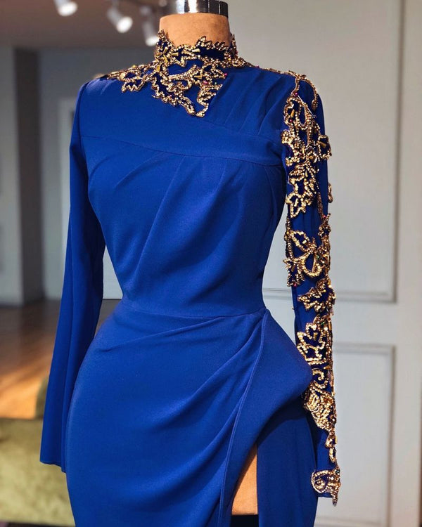 Ballbella has a great collection of Real Model Series at an affordable price. Welcome to buy Royal Blue High Neck Side Slit Mermaid Prom Dresses Elegant Long Sleevess Appliques Evening Gowns.
