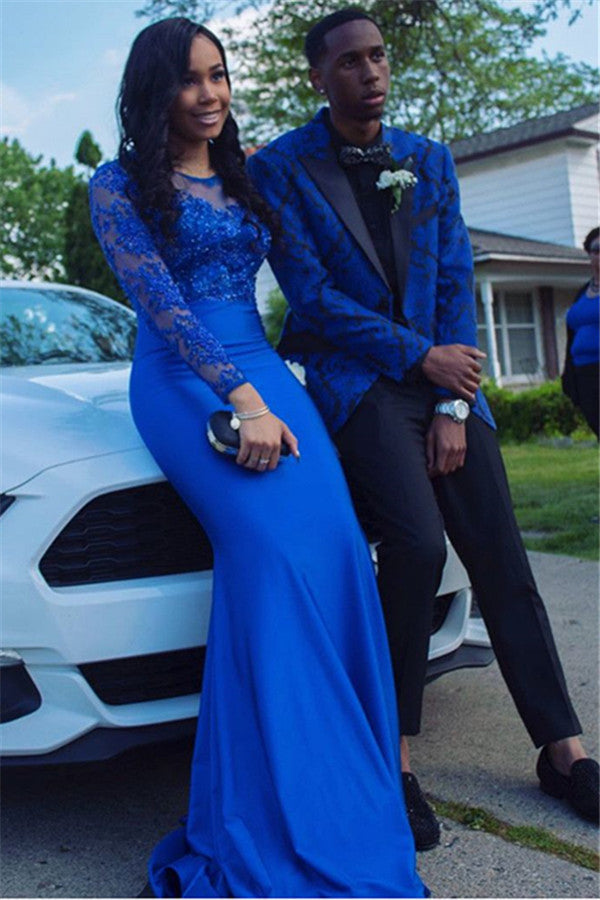 Royal Blue Jacquard Designer Boy Prom Suits with Black Lapel-Ballbella