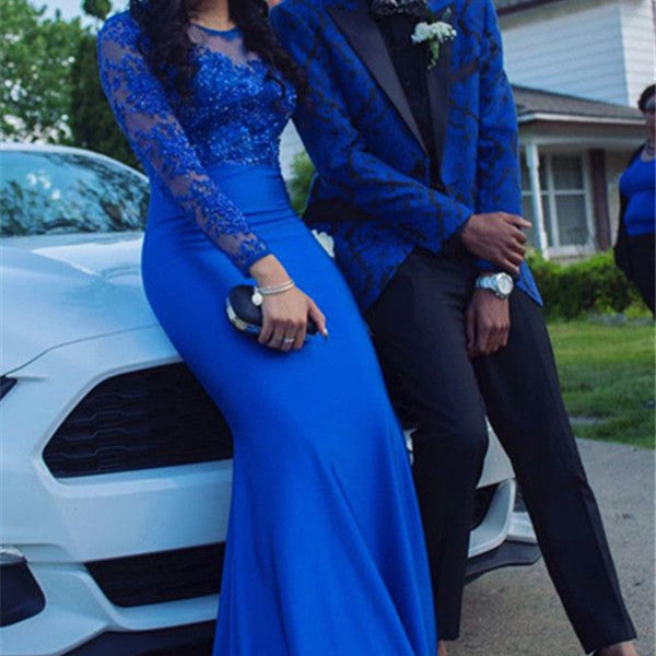 Royal Blue Jacquard Designer Boy Prom Suits with Black Lapel