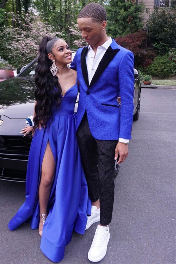 Royal Blue Jacquard One Button Peaked Lapel Prom Mens Suits-Ballbella