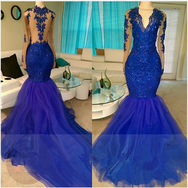Ballbella offers Royal-Blue Long-Sleeve Beading Sequins V-neck Appliques Mermaid Tulle Prom Dresses at a cheap price from  Tulle to Mermaid hem. Gorgeous yet affordable Long Sleevess .