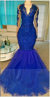 Ballbella offers Royal-Blue Long-Sleeve Beading Sequins V-neck Appliques Mermaid Tulle Prom Dresses at a cheap price from  Tulle to Mermaid hem. Gorgeous yet affordable Long Sleevess .