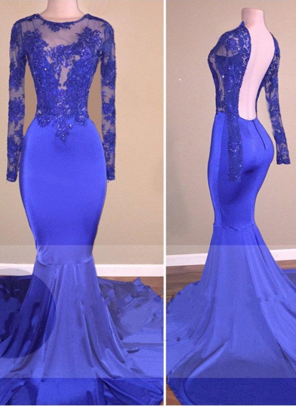 Customizing this New Arrival Royal-Blue Long-Sleeves Open-Back Mermaid Charming Sheer Prom Dresses on Ballbella. We offer extra coupons,  make in cheap and affordable price. We provide worldwide shipping and will make the dress perfect for everyone.
