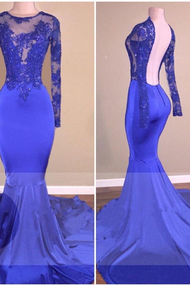 Royal-Blue Long-Sleeves Open-Back Mermaid Charming Sheer Prom Dresses-Ballbella