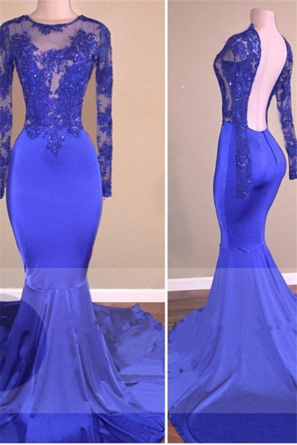 Royal-Blue Long-Sleeves Open-Back Mermaid Charming Sheer Prom Dresses-Ballbella