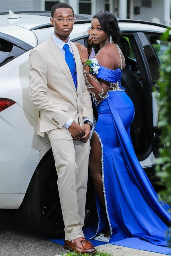 Royal Blue Long Sleeves Star Beadings Mermaid Side Slit Prom Dress-Ballbella