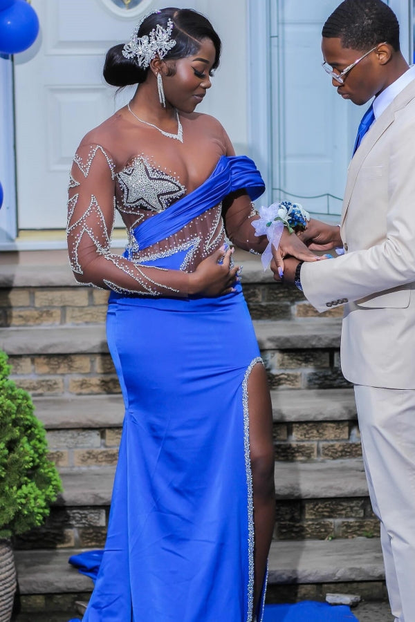 royal blue long sleeve wedding dress Royal Blue Long Sleeves Star Beadings Mermaid Side Slit Prom Dress