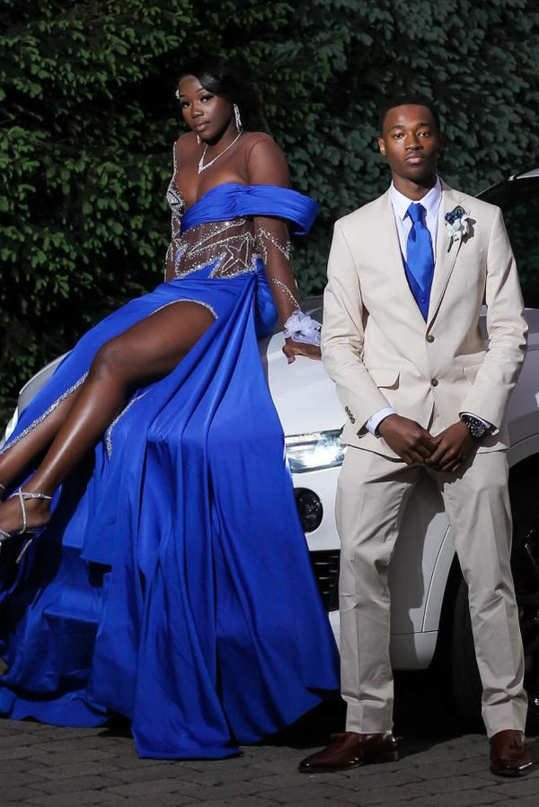 Royal Blue Long Sleeves Star Beadings Mermaid Side Slit Prom Dress-Ballbella