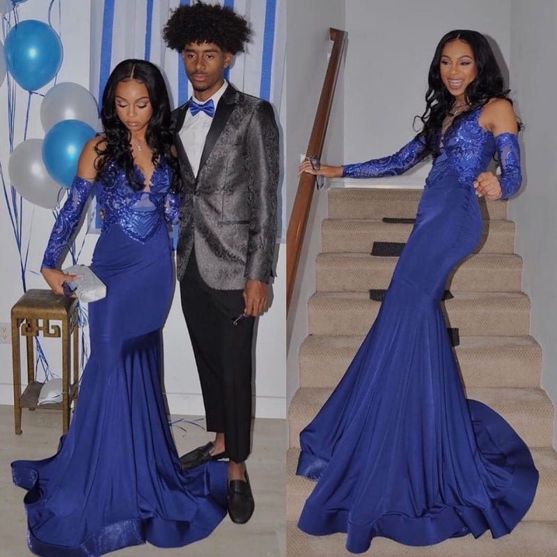 Ballbella offers Royal Blue Mermaid Prom Party Gowns Sequined V-Neck Party Wear at a good price from different colors, Stretch Satin to Mermaid Floor-length hem. Gorgeous yet affordable Prom Dresses, Evening Dresses.