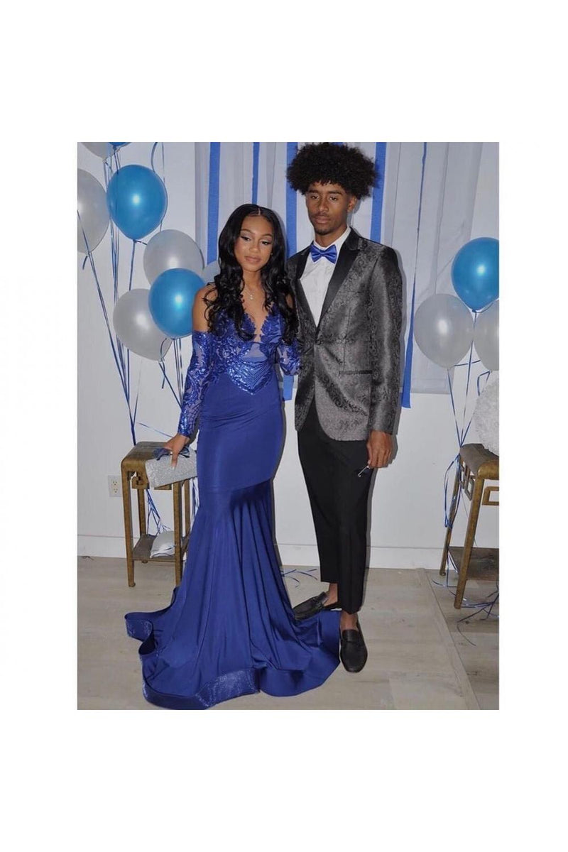 Royal Blue Mermaid Prom Party Gowns Sequined V-Neck Party Wear-Ballbella
