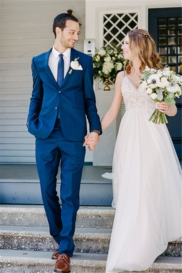 Royal Blue Notched Lapel Wedding Groom Men Suit-Ballbella