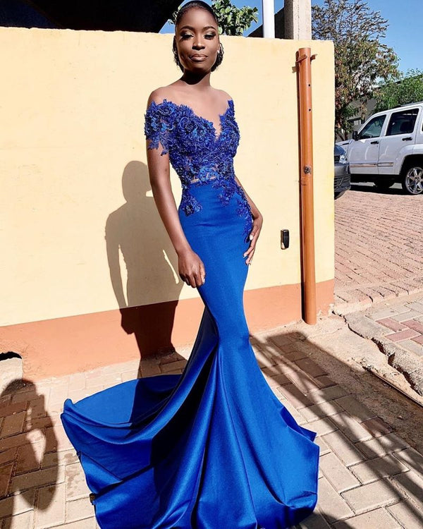 Ballbella offers Royal Blue Off-the-shoulder Mermaid Prom Dresses with Lace Appliques and Chapel Train On Sale at an affordable price from Satin to Mermaid Floor-length skirts. Shop for gorgeous Short Sleeves Prom Dresses collections for special events.