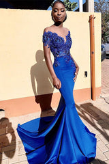 Ballbella offers Royal Blue Off-the-shoulder Mermaid Prom Dresses with Lace Appliques and Chapel Train On Sale at an affordable price from Satin to Mermaid Floor-length skirts. Shop for gorgeous Short Sleeves Prom Dresses collections for special events.