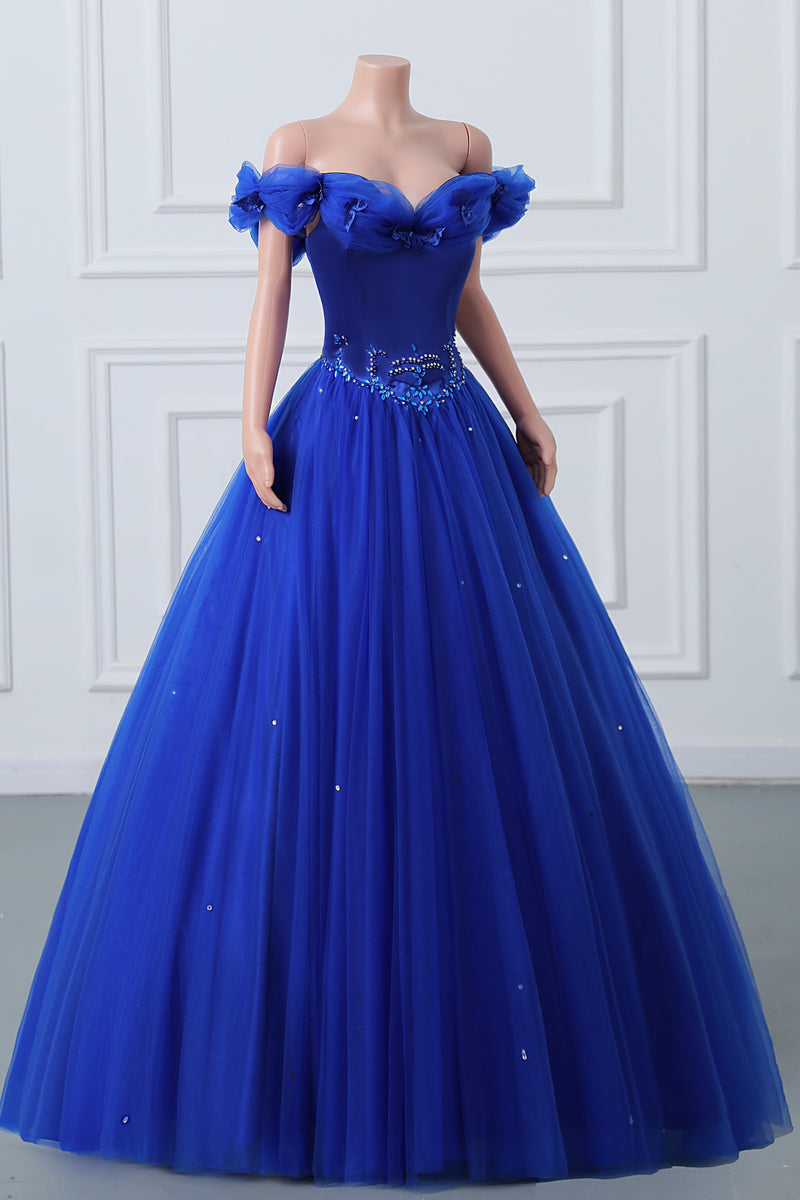 Royal Blue Off-the-shoulder Sweetheart Beaded Flowers Ball Gown Tulle Prom Dresses Royal Blue Off-the-shoulder Sweetheart Beaded Flowers Ball Gown Tulle Prom Dresses