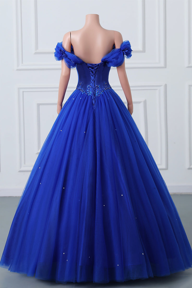 Royal Blue Off-the-shoulder Sweetheart Beaded Flowers Ball Gown