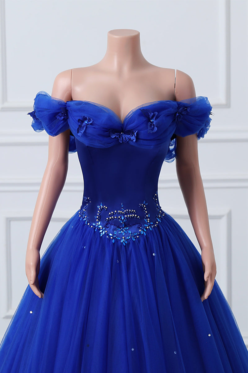 Royal Blue Off-the-shoulder Sweetheart Beaded Flowers Ball Gown Tulle Prom Dresses Royal Blue Off-the-shoulder Sweetheart Beaded Flowers Ball Gown Tulle Prom Dresses
