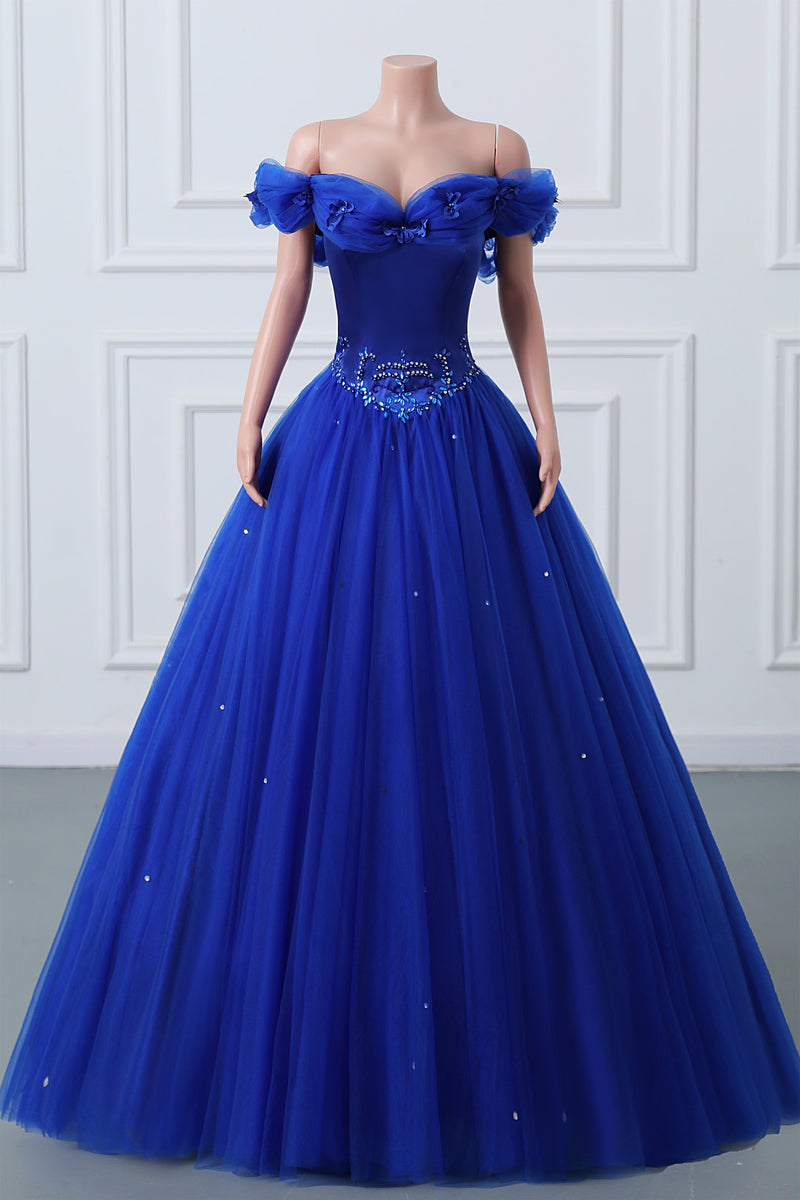 Royal Blue Off-the-shoulder Sweetheart Beaded Flowers Ball Gown