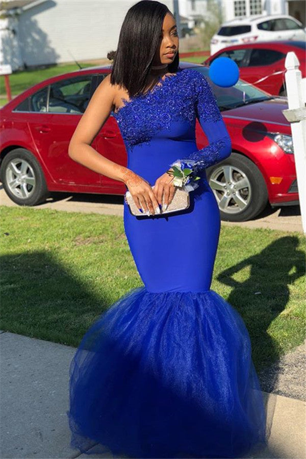 Still not know where to get your event dresses online? Ballbella offer you Royal Blue One-Shoulder Appliques Mermaid Evening Gown at factory price,  fast delivery worldwide.