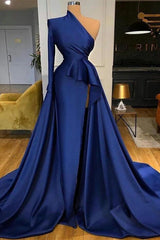 Royal Blue One Shoulder Long Sleeves Slit Prom Dress Overskirt-Ballbella