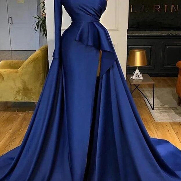 Royal Blue One Shoulder Long Sleeves Slit Prom Dress Overskirt – Ballbella