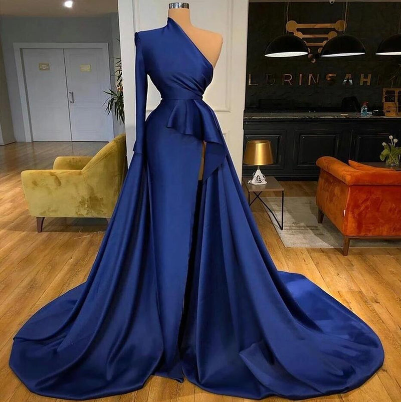 Royal Blue One Shoulder Long Sleeves Slit Prom Dress Overskirt-Ballbella