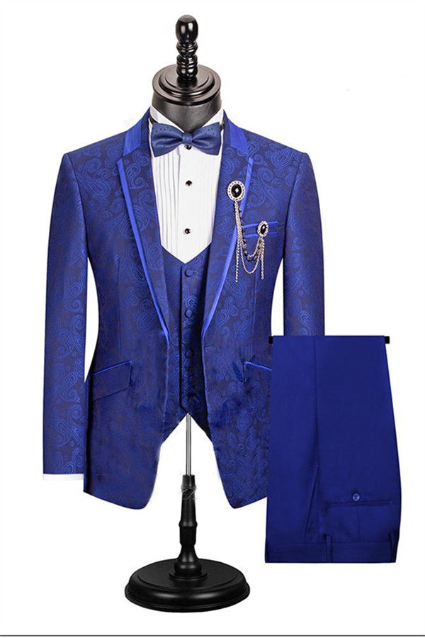 Royal Blue Paisley Pattern Dinner Prom Suits 3 Pieces Single Button For Men Classic Jacket Outfit-Ballbella